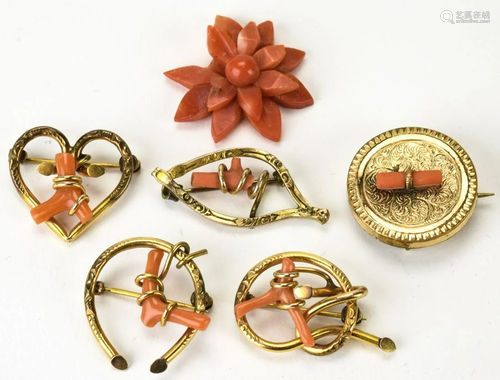 6 Mostly Victorian Gold Filled & Coral Brooches