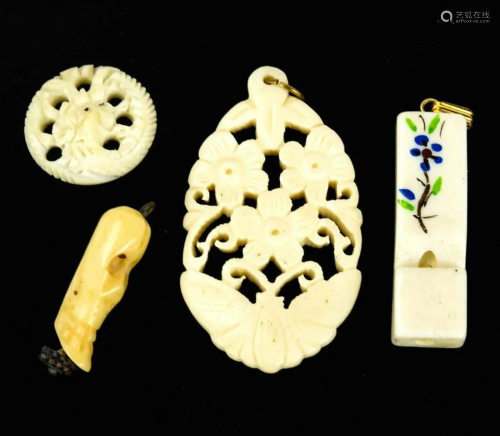 Four Vintage Carved Bone Necklace Pendants