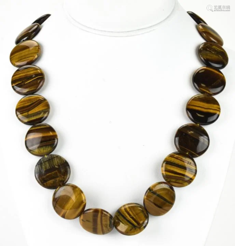 Large Tiger's Eye Disc Form Bead Necklace