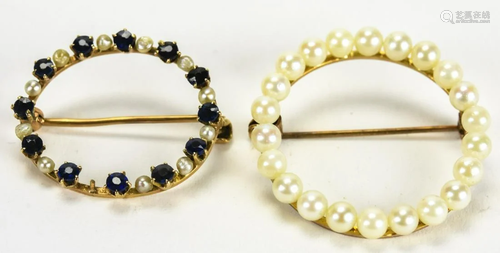 Two Estate 14kt Yellow Gold Pearl & Sapphire Pins