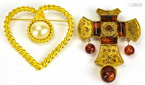 Huge Vintage Heart Brooch & Faux Amber Brooch