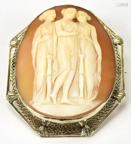 Edwardian 14k White Gold Shell Cameo 3 Graces