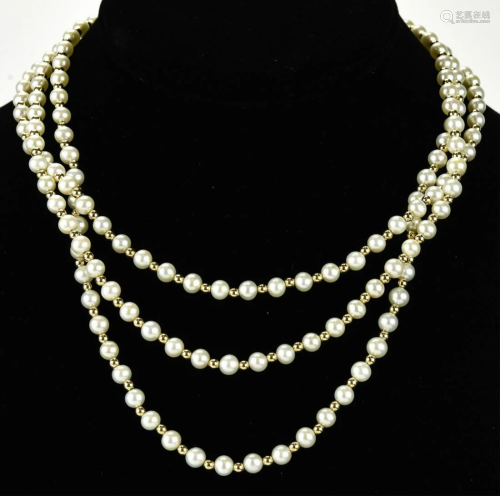 Vintage Pearl & 14k Gold 3 Strand Necklace