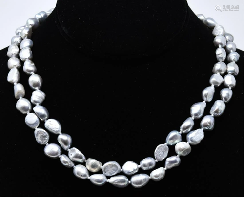 Pair Hand Knotted Silver Baroque Pearl Necklaces