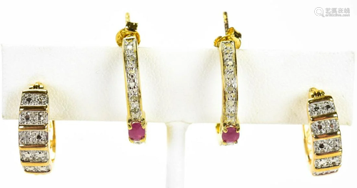 Two Pairs of Vermeil Sterling & Diamond Earrings