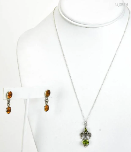 Sterling Silver & Peridot Necklace w Amber Earring