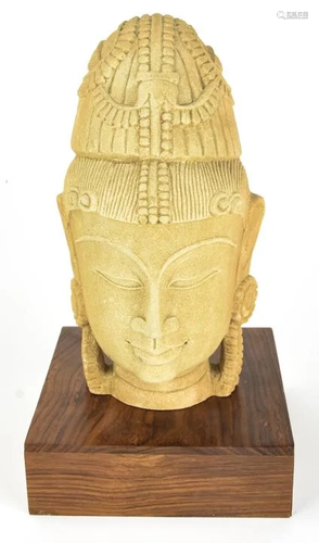 Cast Stone Buddha Head on Stand, Lillian August