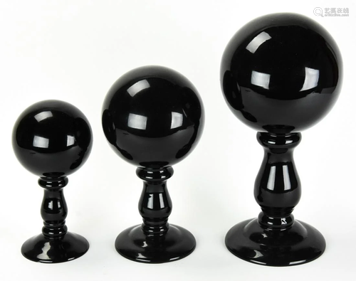 Trio Black Glass Gazing Ball Sculptures