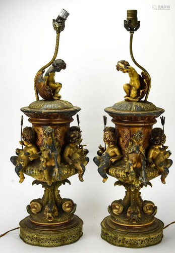 Pair Antique Spelter Putti, Dolphin, Horse Lamps