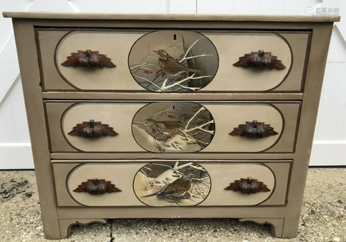 19th C Hand Painted Carved Dresser w Bird Motif