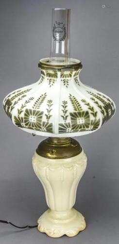 Antique Converted Oil Lamp Porcelain & Milk Glass