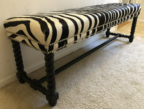 Zebra Patterned Hide Barley Twist Legs Hall Bench