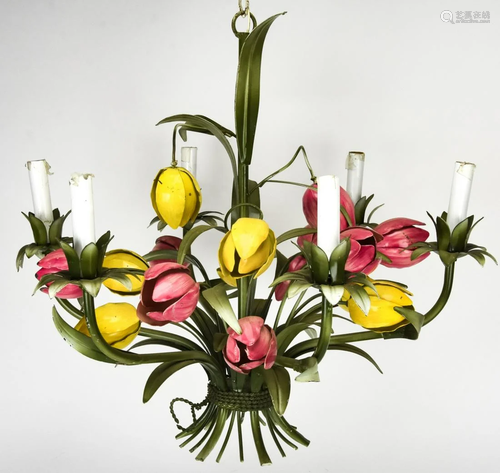 Vintage Tole Hand Painted Tulip Motif Chandelier