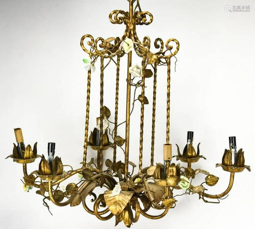 Vintage Tole, Wrought Iron, Porcelain Chandelier