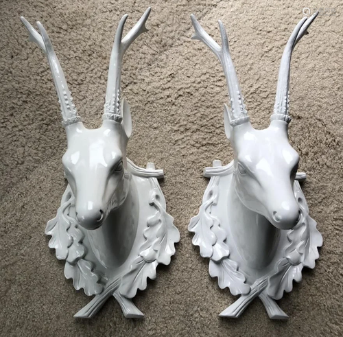 Pair Cast Deer Head Mounts White Enamel