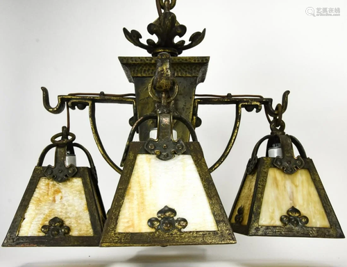 Antique Bronze & Slag Arts & Crafts Chandelier