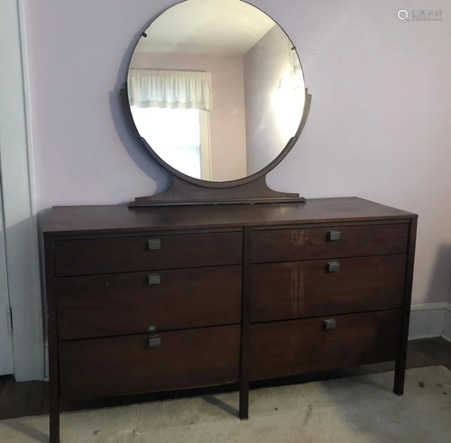 Antique Art Deco 6 Drawer Dresser w Round Mirror