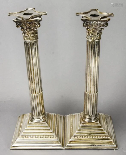 Pair Silver Plate Hallmarked Column Candlesticks