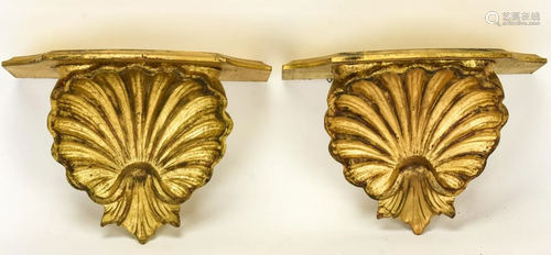 Pair Rocaille Shell Carved & Gilded Wall Brackets