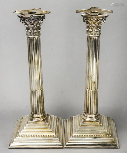 Pair Silver Plate Hallmarked Column Candlesticks