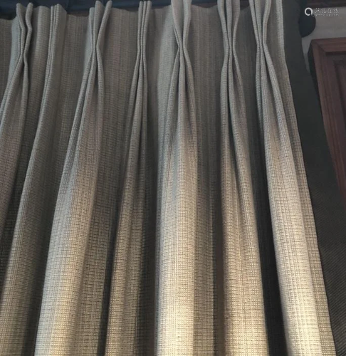 Pair Lined Woven Tweed Lined Trimmed Curtain Panel