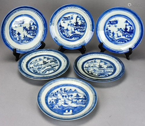 8 Chinese Canton Blue & White Porcelain Dishes