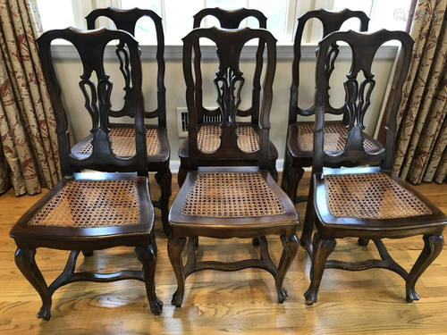 6 Antique Carved Chippendale Caned Dining C…