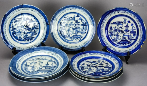 10 Chinese Canton Blue & White Porcelain Dishes