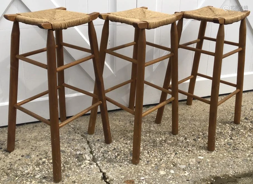 3 Artisan Carved Pine and Rush Seated Bar Stools