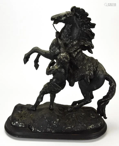 Spelter Figural Statue of Man & Rearing Horse