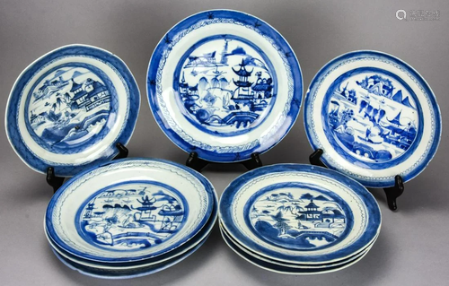 10 Chinese Canton Blue & White Porcelain Dishes