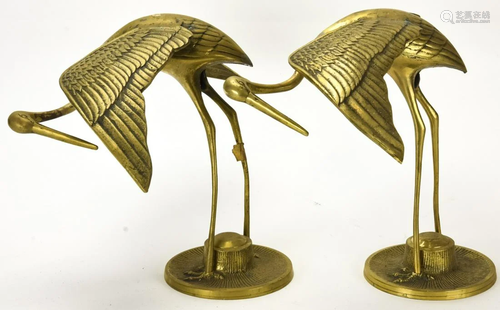 Pair Mid C Brass Figural Crane Bird Statues