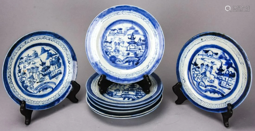 8 Chinese Blue & White Canton Porcelain Plates