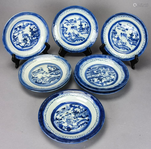 8 Chinese Blue & White Canton Porcelain Plates