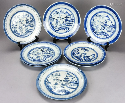 8 Chinese Canton Blue & White Porcelain Plates