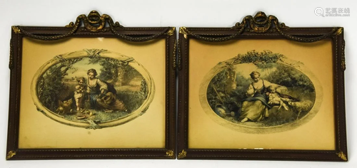 Pr Antique French Rococo Hand Colored Lithographs