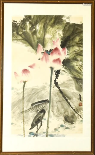 Chinese Watercolor & Ink Painting of Lotus Flowers