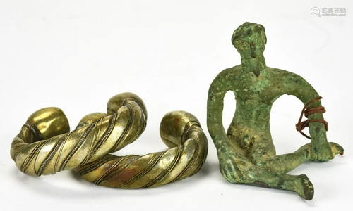 African Bronze Figural Statue & 2 Brass Cuffs