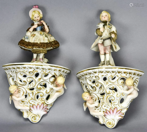 Pair Porcelain Wall Brackets W Figural Children