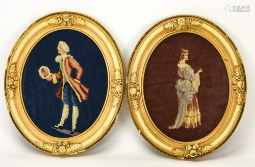 Pair Needlepoint Portraits of Man & Woman