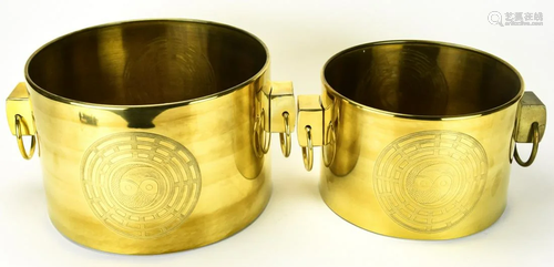 2 Asian Style Yin Yang Brass Handled Planters