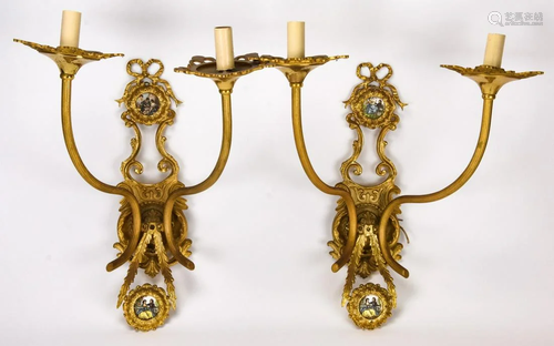 Pair Neoclassical Gilt & Porcelain Wall Sconces