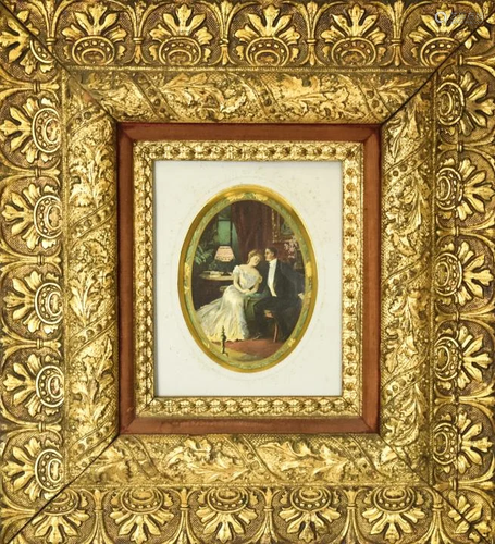 Antique Hand Carved Gilded Frame W Courtship Print