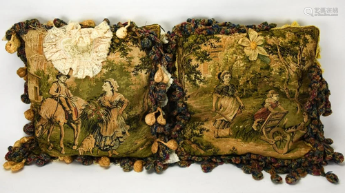 Pair Antique Tapestry Pillows of Farming Scenes