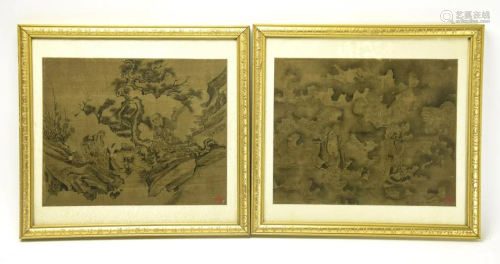 Pair Chinese Ink Sage & Landscape Paintings Signed