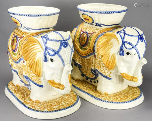 Pr Figural Elephant Painted Porcelain Foot Stools