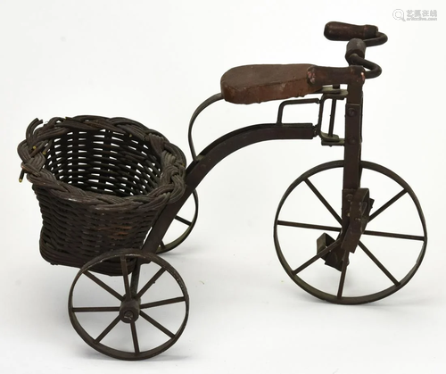 Antique Hand Wrought Iron Doll Tricycle w Basket