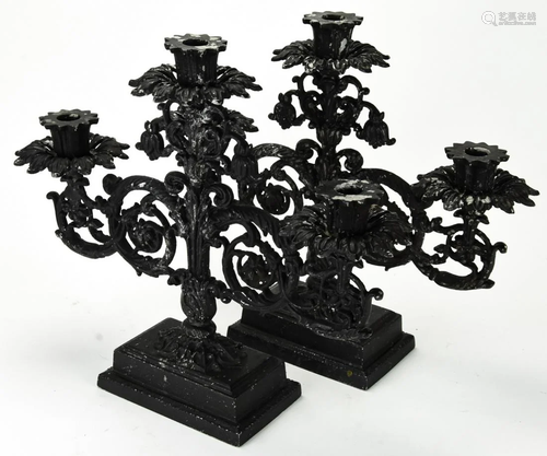 Pair Antique Rococo Spelter Ebony Candelabras