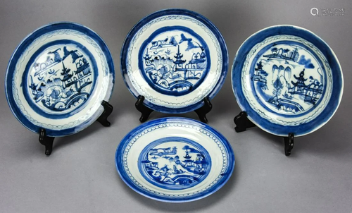 4 Chinese Canton Blue & White Porcelain Dishes