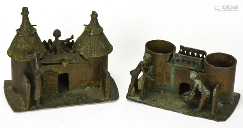 2 African Bronze Statues of Villagers & Buildings